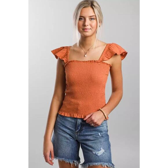 Billabong Secret Sun Tank Top Burnt Orange Medium Smocked Fitted Off Shoulder - Picture 1 of 11